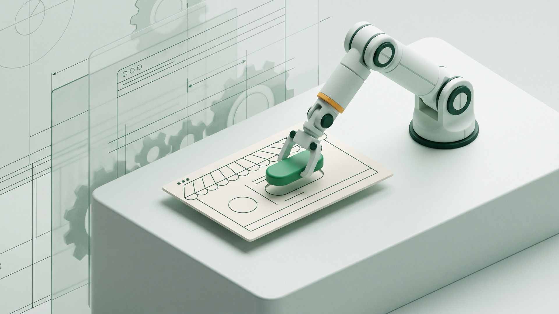A rounded green notify button being placed onto a small storefront card by a precise mechanical arm