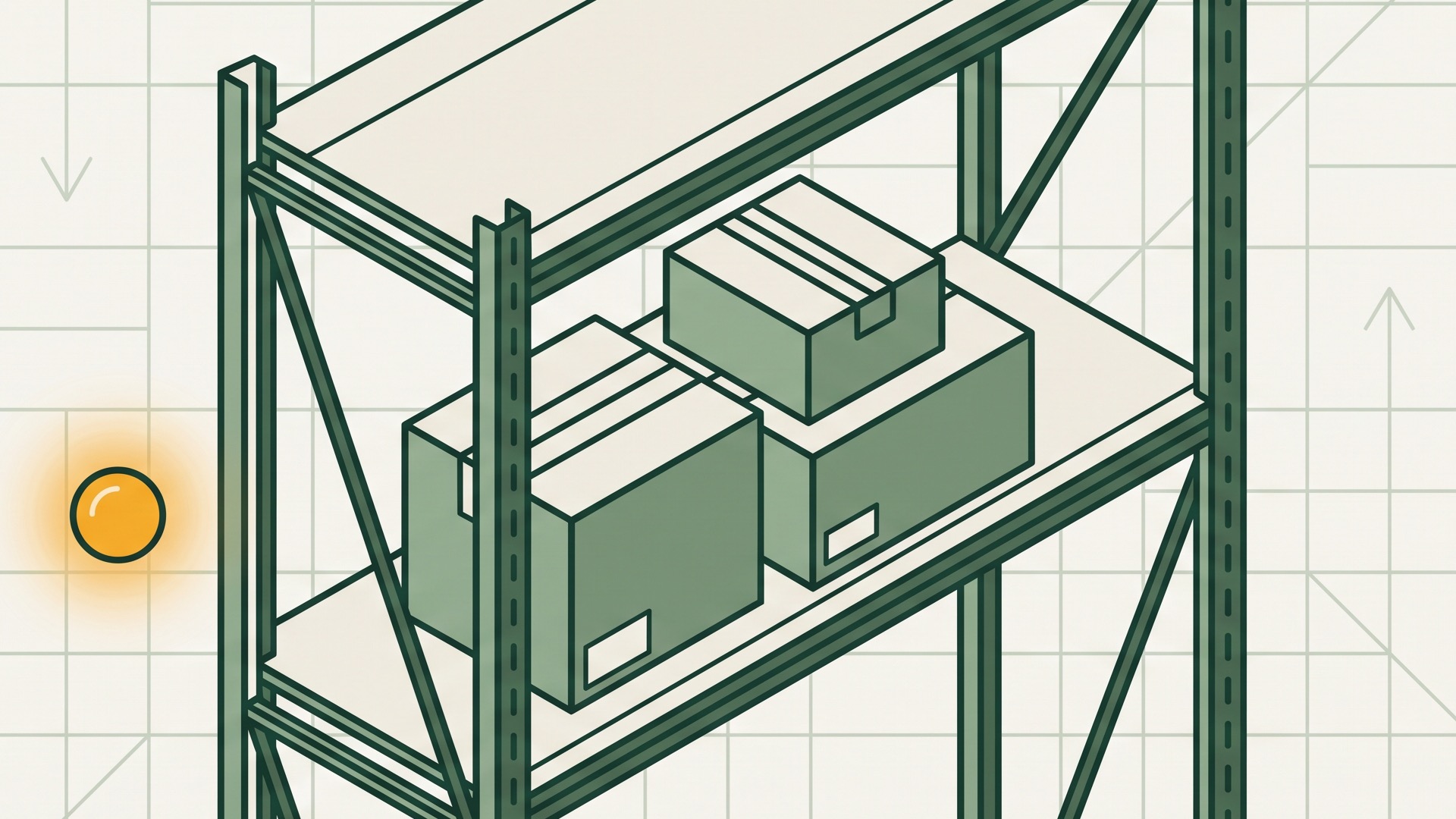 An editorial illustration of a warehouse shelf with a low stack of boxes and a small amber indicator light, in Kelso's green and marigold palette