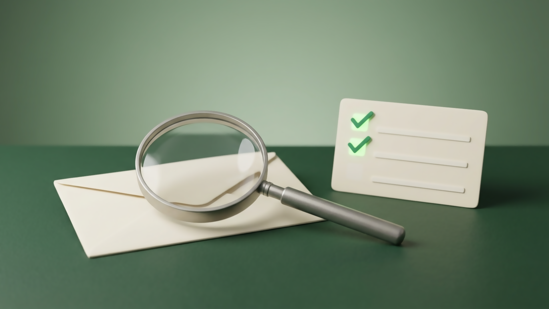 A restock alert envelope under a magnifying glass beside a checklist with green ticks, the alert being proven before anyone trusts it